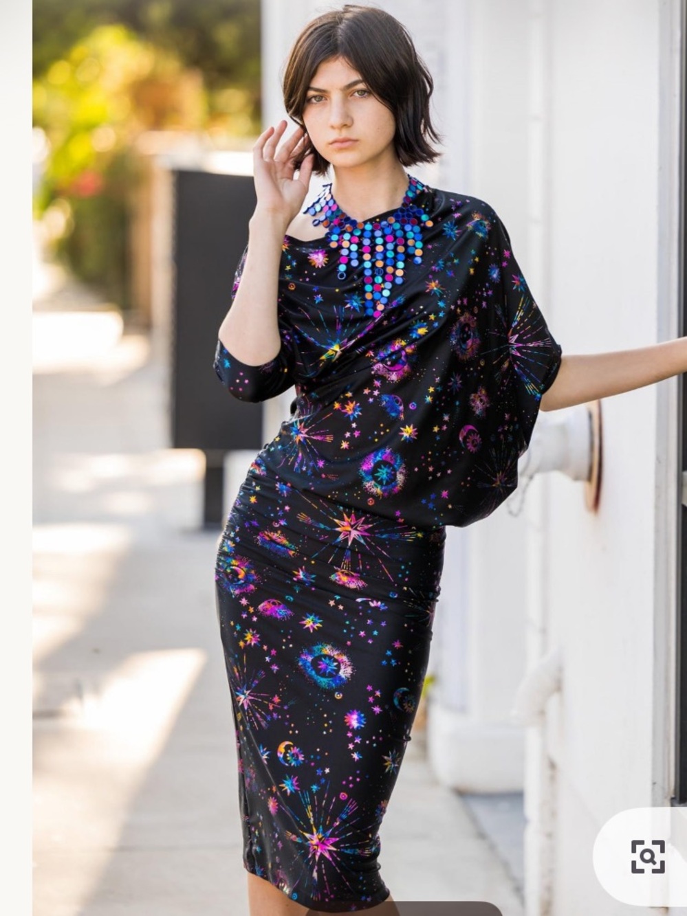 Jennafer Grace Black Celestial Cosmic Foil Rainbow Angle Dress Sz XS *Like New*